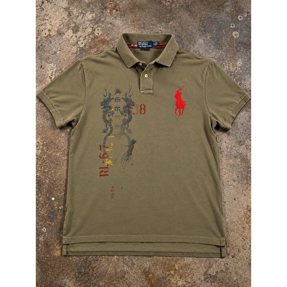 Polo Ralph Lauren Mens XL Dragon Big Pony Graphic Polo Shirt Olive Custom Fit